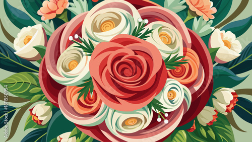 A bouquet of roses and other flowers is displayed on a white background. The arrangement is colorful and vibrant, with a mix of red and white flowers. Scene is cheerful and uplifting