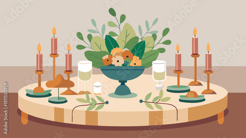 A table with a vase of flowers and candles, and a wine glass. The table is set for a special occasion