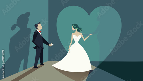 A man and a woman are standing in front of a heart. The man is holding a ring and the woman is wearing a wedding dress