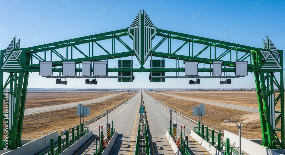 Obraz premium Modern Elevated Toll Booth Structure Over Highway and Clear Sky Background