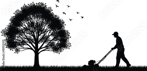 Lawn mowing silhouette, outdoor work scene, gardening activity vector, tree and birds illustration, landscape maintenance, flat black vector art