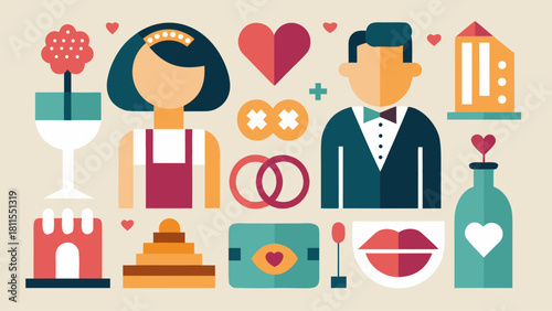 A wedding themed poster with a man and woman in suits and a bride and groom. The poster features a variety of wedding items such as a cake, wine glasses, and a bottle