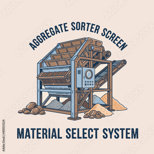 Aggregate Sorter Screen Badge.Material Select System Graphic.Vintage Trommel Screen Design.Construction Sizing Machine Art.Gravel Sorting Equipment Lo