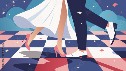 A couple dancing on a checkered floor. The man is wearing a suit and the woman is wearing a white dress