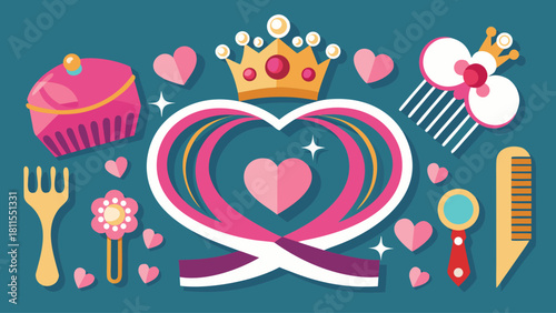 A blue background with a heart and crown on it. The heart is surrounded by a ribbon and a fork, knife, and spoon are also on the background