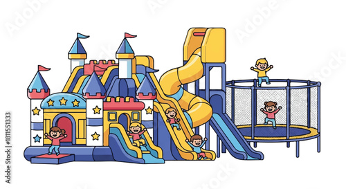 Colorful kids play area vector illustration featuring a large inflatable bounce house, bright recreational slides, and a massive trampoline against a clean white background, perfect for childhood fun.