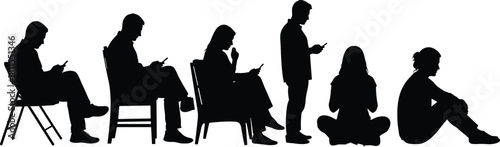 Smartphone users silhouette, digital addiction concept, mobile screen posture, seated people vector, modern lifestyle, flat black vector illustration