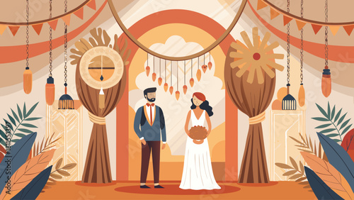 A couple is getting married in a beautiful, ornate setting. The bride is wearing a white dress and the groom is wearing a suit. The scene is set in a tropical location with palm trees