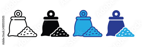 Collection of four stylized icons representing bags of grain, flour, or powder with heaps, in outline, solid black, and blue color variations.
