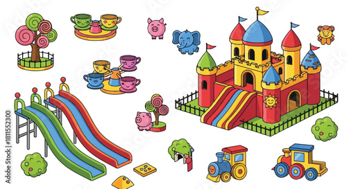 Flat 2D cartoon vector illustration of a vibrant kids' amusement park featuring a large inflatable bouncing castle and safe slides on a clean white background.