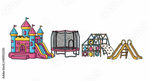 A vibrant flat 2D cartoon playground scene featuring a large colorful bouncy castle, a blue trampoline, climbing frames, and various red and yellow slides isolated on a pure white background.