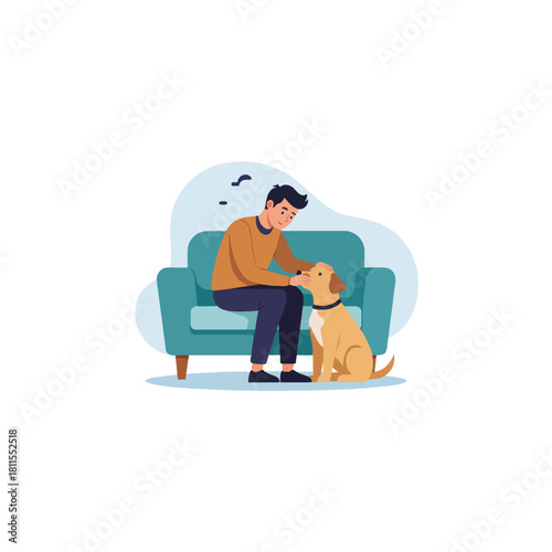 A heartwarming depiction of a man seated on a couch lovingly stroking his loyal dog demonstrating