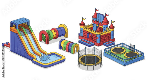 Colorful recreational inflatable play area featuring bounce houses, giant slides, and trampolines, depicted in a bright 2D flat cartoon illustration isolated on a clean white background.
