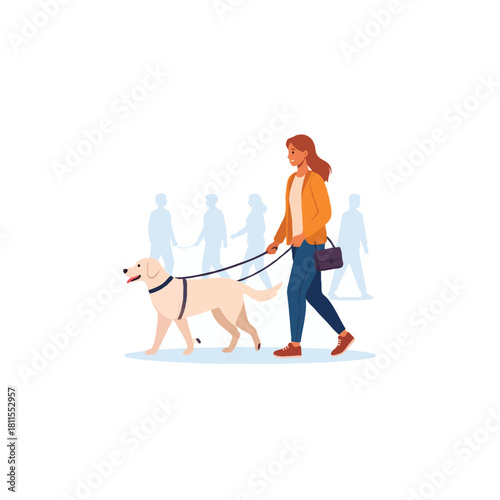 A woman walking with her golden retriever dog through a crowd of people illustration