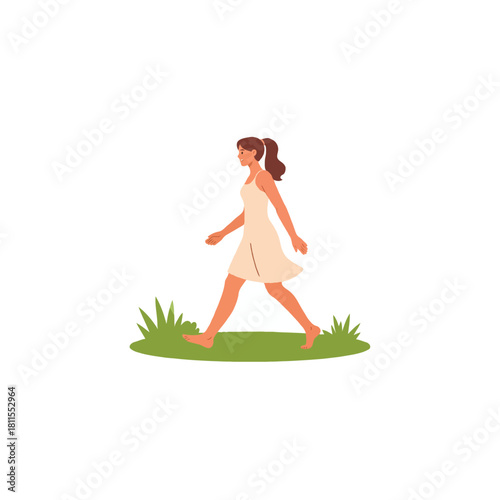 A woman gracefully strolling across verdant meadow, embodying freedom and leisure amidst