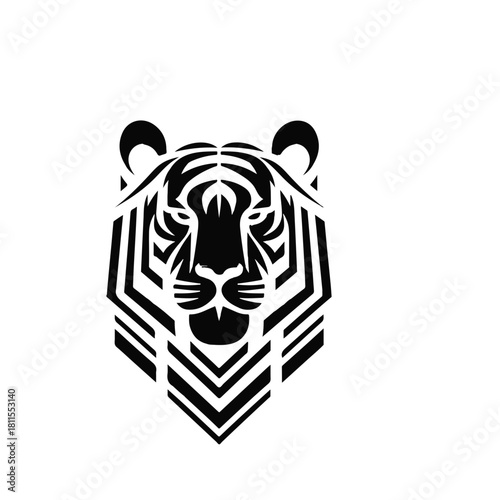 Black vector illustration of a wild feline tiger head silhouette for a fierce tribal tattoo design or logo