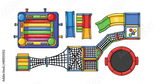 2D flat design vector illustration showing a colorful children's playground layout featuring an inflatable bouncy castle, mini slides, climbing nets, and a circular trampoline on a white background.