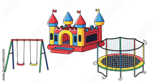 Bright 2D flat illustration showcasing an inflatable bouncy castle, playground swings, and a trampoline in a fun kids amusement park setting, isolated on a clean white background.