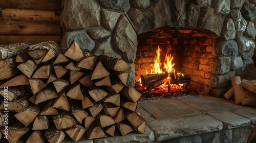 Warm rustic living room with a glowing fireplace and organized woodpile creating a winter atmosphere