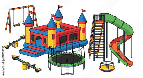 Colorful bouncy castle, towering slide structure, and round trampoline arranged as fun playground rides in a bright 2D vector illustration isolated on a white background.