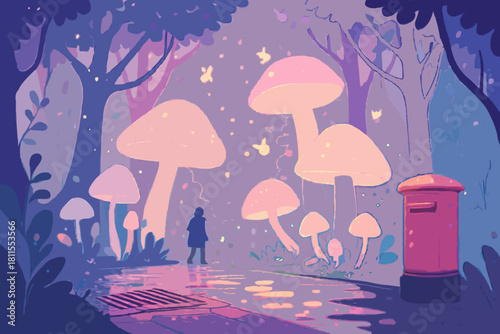 Fictional Enchanted Forest with Glowing Mushrooms and Fireflies