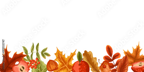 Autumn leaves and apples frame with rowan berries, physalis on white background. Vector hand drawn illustration for greeting cards, posters, packaging design, thanksgiving cards with empty copy space
