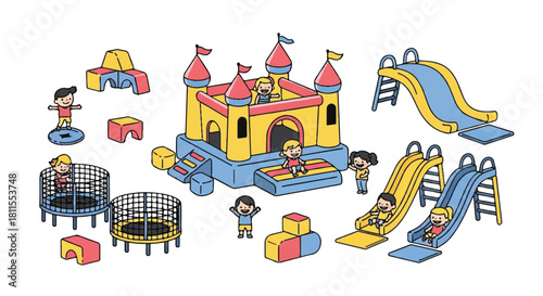 Colorful 2D flat vector illustration showing a kids' amusement park entertainment area complete with an inflatable bouncy castle, play slides, and small trampolines on a plain white background.