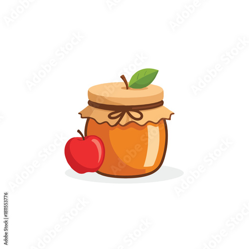 Artistic depiction of a honey jar near a fresh red apple creating a tasty product presentation