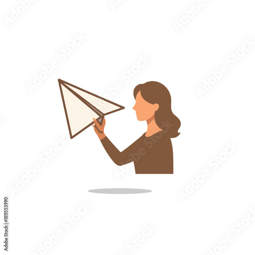 Aspiration concept girl holding paper airplane ready to fly dreams and ambitions creative ideas