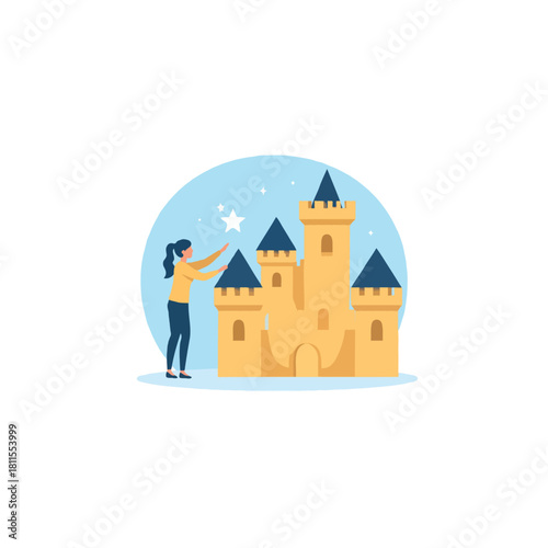 Aspiration and creation woman reaching for a star to illuminate fairytale castle illustration and