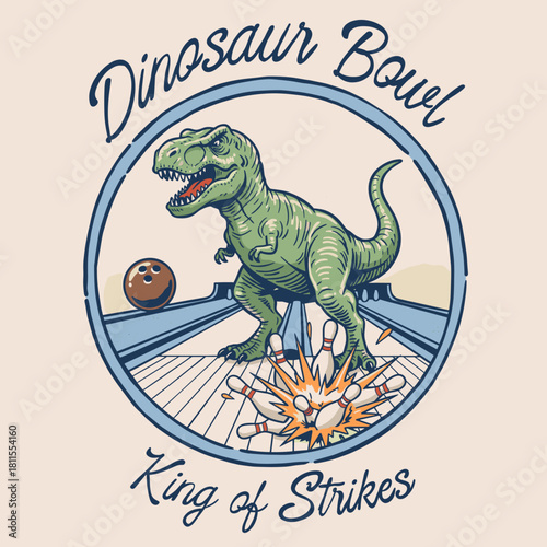 Dinosaur Bowling King of Strikes.Retro TRex Bowling Badge.Vintage Dino Bowl Design.Sport Mascot Tyrannosaurus.Strike Time Ancient Predator