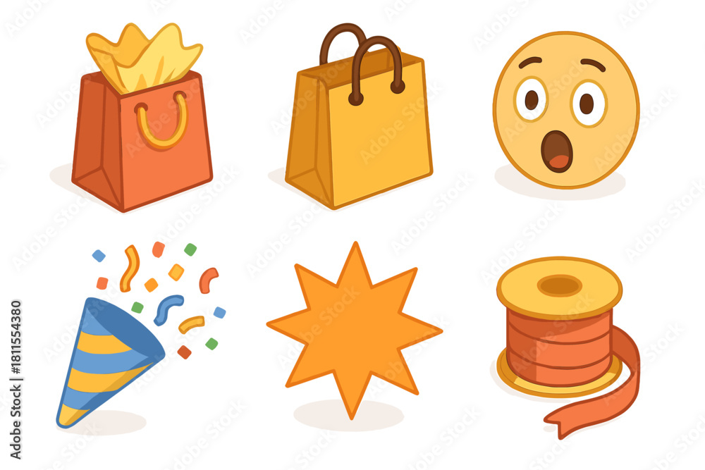 Fototapeta premium Colorful party icons: shopping bags, surprised emoji, confetti, star, ribbon