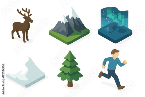 Isometric icons: deer, mountains, aurora, ice, pine tree, running man