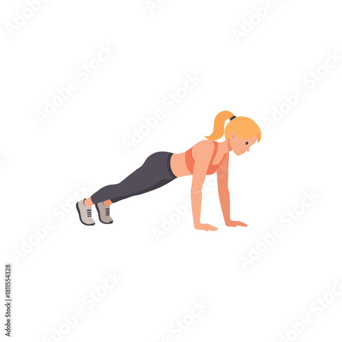 Blonde woman demonstrating push up routine for fitness maintaining healthy and balanced lifestyle
