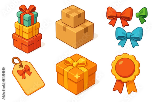 Collection of colorful gift boxes and decorative bows on white background
