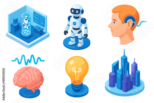 Futuristic technology icons: robot, ai, human interface, brainwaves, innovation, smart city