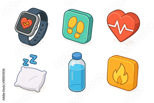 Health and fitness icons including smartwatch, heartbeat, steps, sleep, hydration, and fire