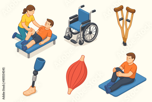 Physical therapy and rehabilitation scene with diverse equipment and exercises