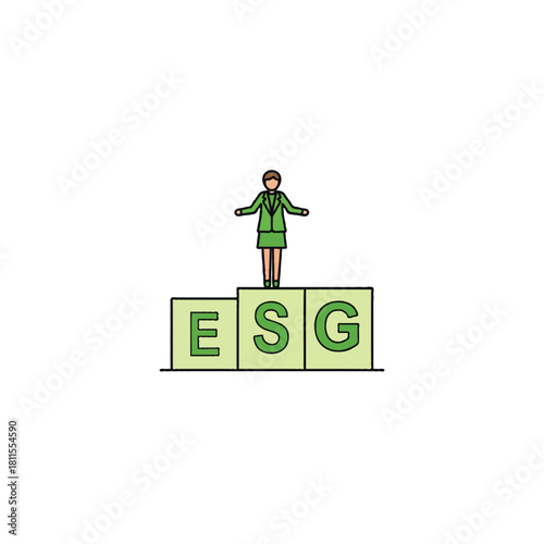 Businesswoman standing atop ESG blocks symbolizing corporate responsibility and sustainable