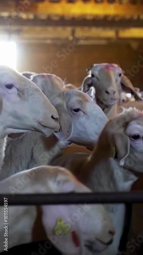 sheeps and lambs  standing in barn of farm for milk production and breeding and sale , real  video footage