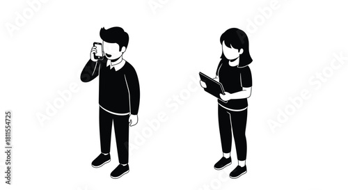 Two individuals a man on the phone and a woman with a tablet