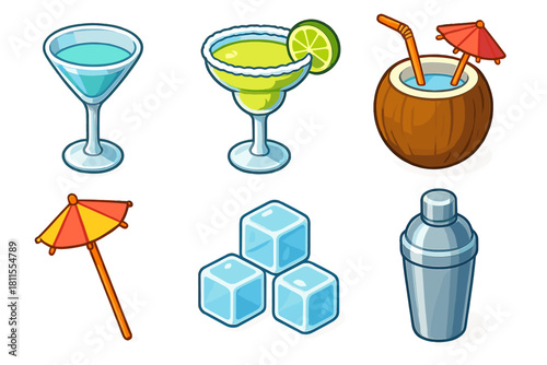 Colorful cocktail collection with margaritas, coconut, martini, umbrella, ice cubes, and shaker