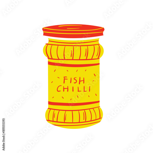 Hand-Drawn Yellow and Red Fish Chilli Spice Jar Illustration