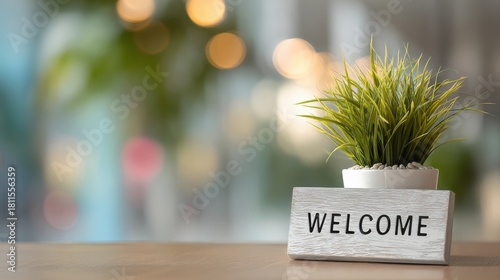 Cozy indoor welcome sign with green plant in white pot, perfect for home decor, hospitality settings, and creating a friendly atmosphere in any space