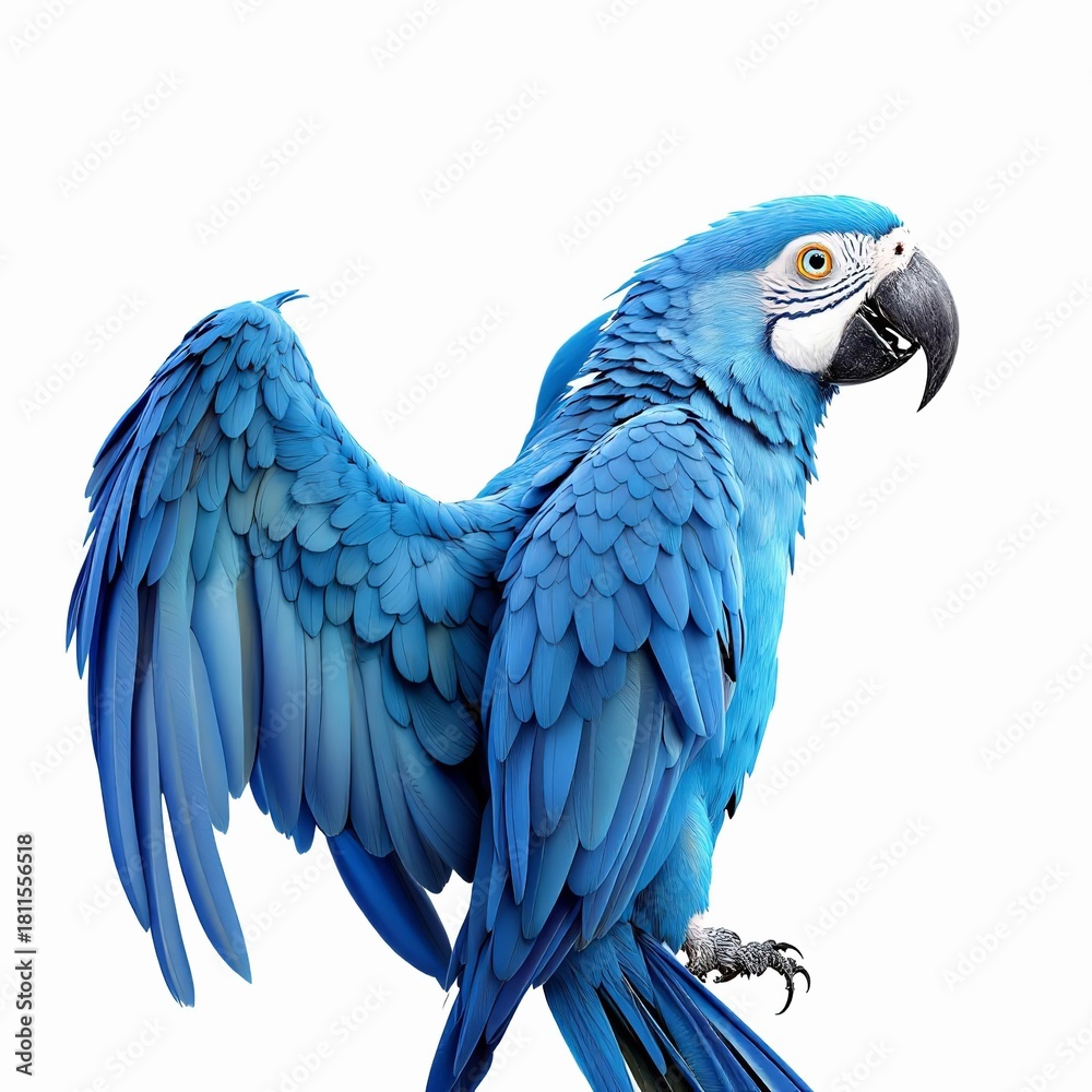 Fototapeta premium Striking blue macaw with outstretched wings displaying vibrant plumage against a clean in a studio setting on white background