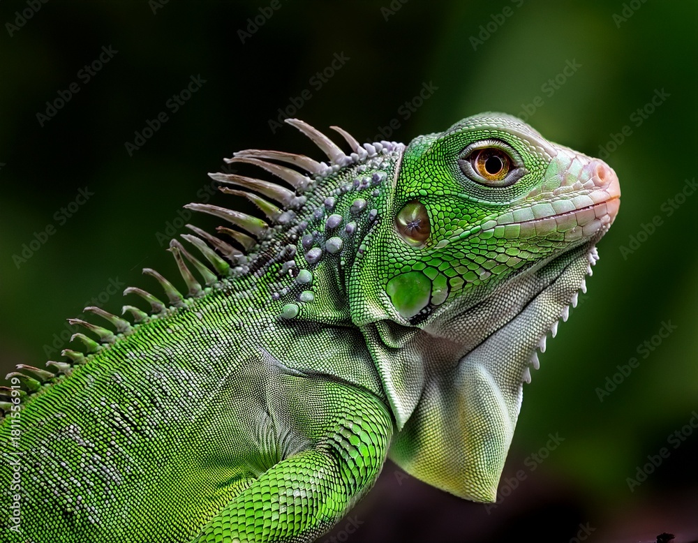 Obraz premium Green Iguana Portrait: Intricate Scales and Piercing Golden Eye Against a Lush Green Background