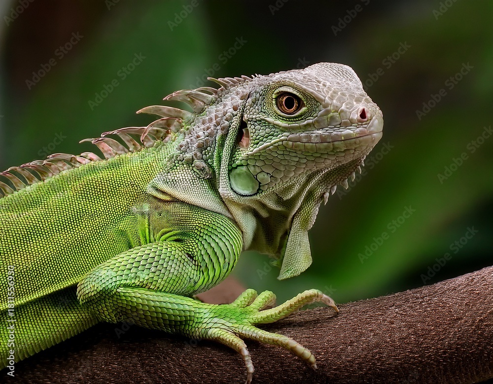 custom made wallpaper toronto digitalGreen Iguana Portrait on Branch: A Close-Up View of the Reptile's Detailed Scales and Sharp Claws