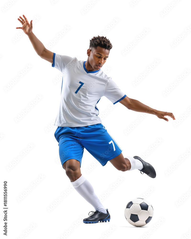 Naklejka premium Male athlete wearing blue ready kicking a ball in a powerful strike for a goal