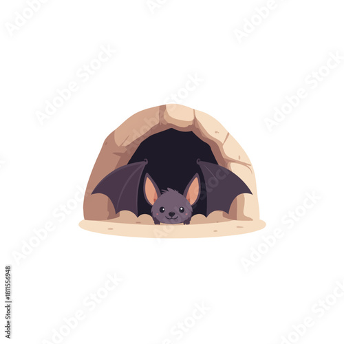 Cartoon bat rests inside a cozy sandstone cave looking out with gentle eyes from above the ground