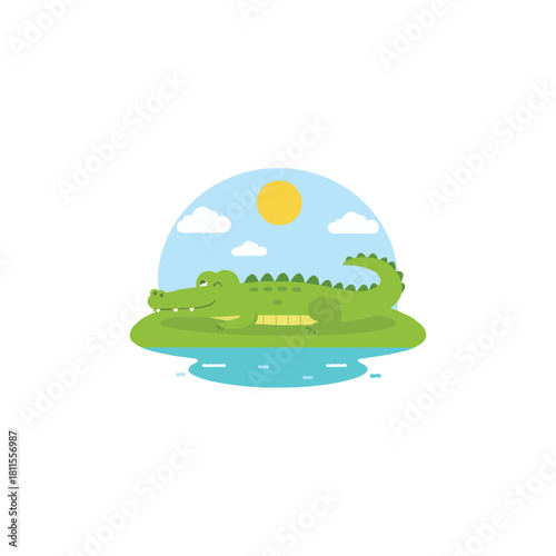 Cartoon crocodile resting leisurely in a serene aquatic environment under the radiant sun with